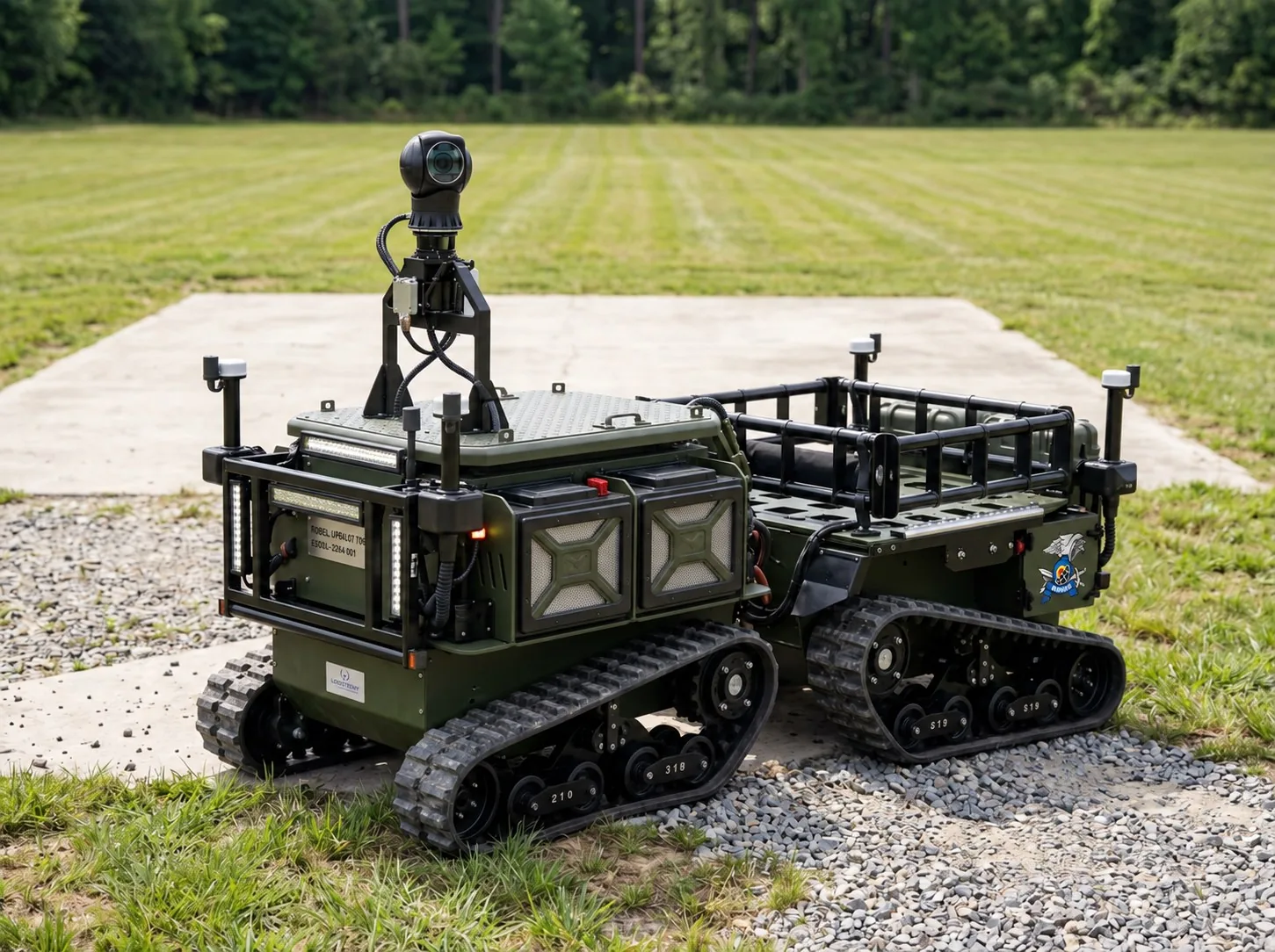 MAX1 with a cargo rack towing a tracked carriage across grass