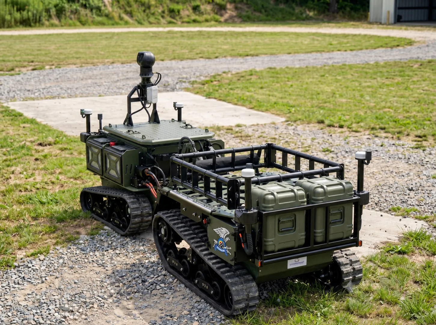 MAX1 loaded with supply cases on a gravel track