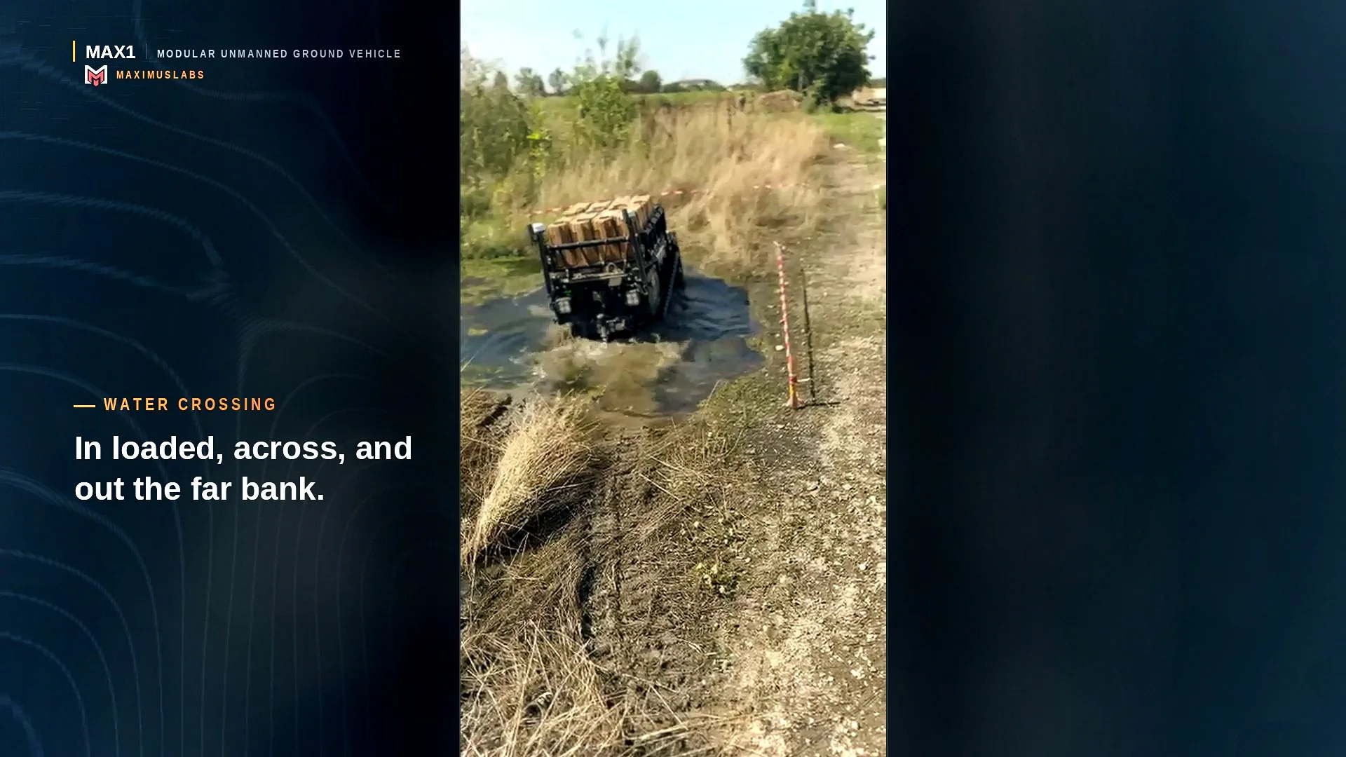 Film of MAX1 across terrain, water, stairs and its payload modules