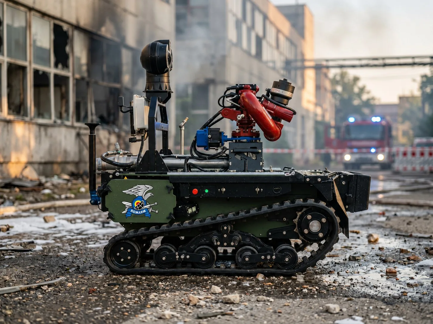 Tracked robot carrying a red water cannon and a camera mast on grass