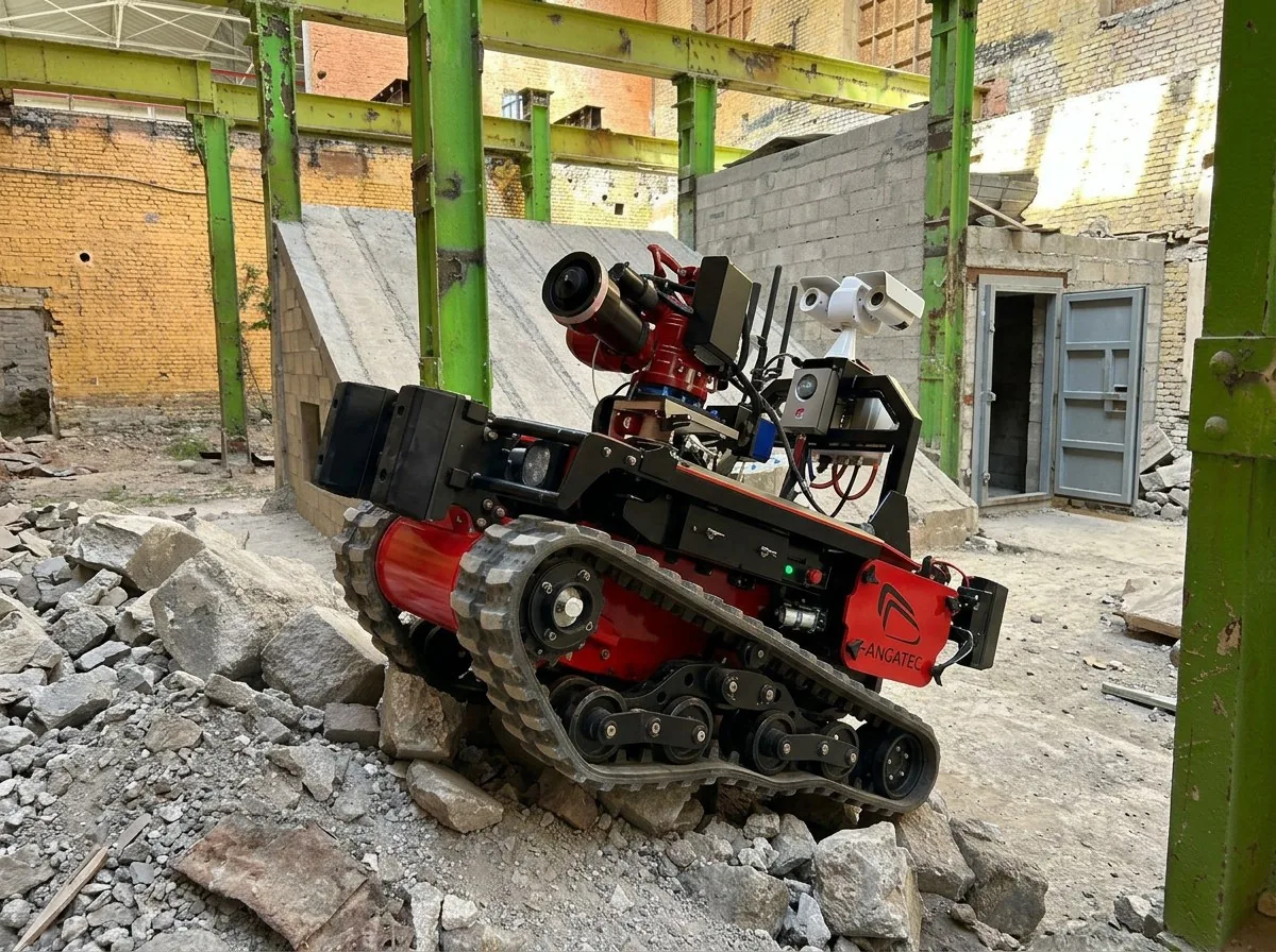 MAX1 climbing a pile of rubble beside a damaged building