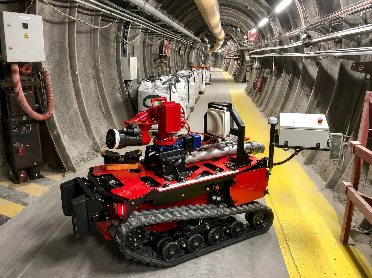 MAX1 in firefighting configuration inside a long concrete service tunnel