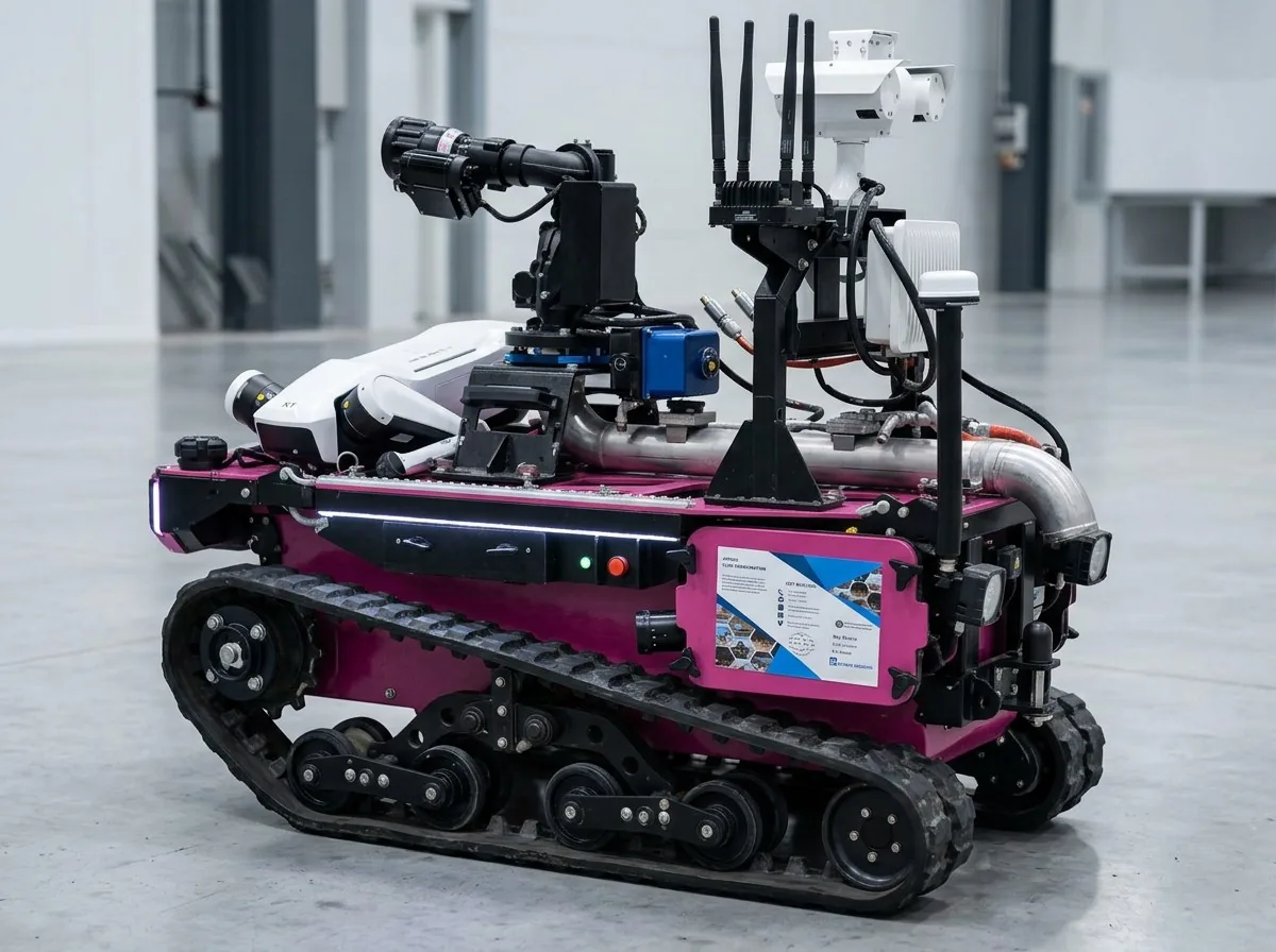 MAX1 in a workshop with a water cannon, antennas and a sensor head fitted
